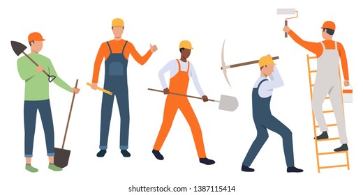 Collection of men in manual labor. Multiethnic construction team gigging ground and painting room. Vector illustration can be used for advertisement, building, miners