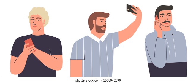 Collection of men with mobile phones. Young adorable men talking on their phone, taking selfie, texting. Set of different actions with telephone. Flat vector illustration
