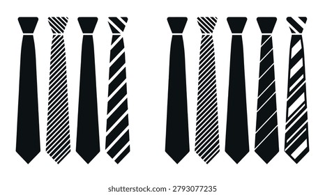 Collection of men neckties featuring solid black and striped pattern options, perfect for professional attire and formal business style icon graphics