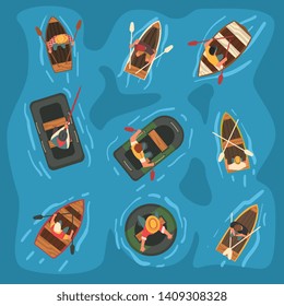 Collection of Men Rowing Wooden and Rubber Inflatable Boats in the Sea, Top View Vector Illustration