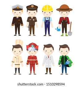 Collection of men various occupations or profession wearing professional uniform - construction worker, farmer, police, chef, doctor, firefighter, biker taxi online. Flat design vector illustration.
