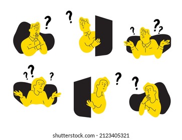 Collection of men and women asking questions, in bewilderment, thinking, solving the problem, need help, are looking for a decision. Flat isolated outlined illustrations.