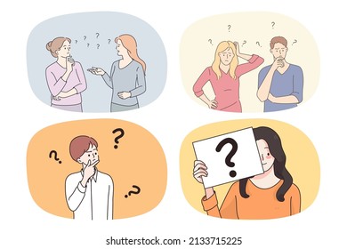 Collection of men and women brainstorm think solve problem or dilemma. Set of diverse people with question marks consider trouble solution. Frustration and confusion. Vector illustration. 