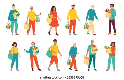 Collection men and women different ages and nationalities holding natural products. People with a grocery bag. Healthy fresh food, fruits and vegetables. Zero waste, vegetarianism. Vector illustration