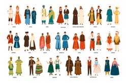 Colecția De Bărbați și Femei îmbrăcate în Costume Populare Din Diferite țări Izolate Pe Fundal Alb. Set De Oameni Purtând Haine Etnice. Ilustrație Vectorială Colorată în Stil Plat De Desene Animate.