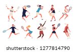 Collection of men and women dressed in sports apparel playing tennis. Set of sportsmen and sportswomen holding rackets and hitting ball isolated on white background. Flat cartoon vector illustration.