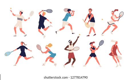 Collection of men and women dressed in sports apparel playing tennis. Set of sportsmen and sportswomen holding rackets and hitting ball isolated on white background. Flat cartoon vector illustration.