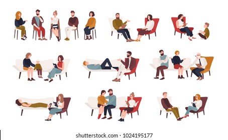 Collection of men and women or married couples sitting on chairs or lying on sofa and talking to psychotherapist or psychologist. Group or family psychotherapy. Flat cartoon vector illustration.