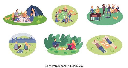 Collection men and women at picnic in park or forest. Bundle of girls and boys eating and drinking outdoor. Friends and couples having lunch in nature. Outdoor leisure.Flat cartoon vector illustration