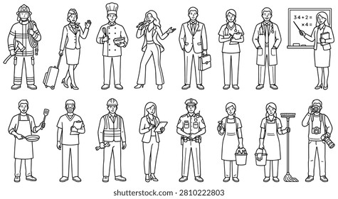 Collection of men and women representing various occupations. Includes firefighter, chef, doctor, teacher, police officer, and photographer.