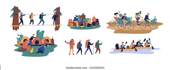 Collection of men and women travelling together. Set of friends or tourists riding bicycles, rafting on boat, walking along bridge, going camping. Colorful vector illustration in flat cartoon style.