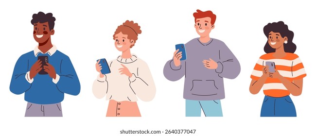 Collection of men and women using smartphones. Set of different peoples with mobile phone gadgets. Cartoon characters holding cellphone devices, chatting, typing, using internet. Vector illustration.