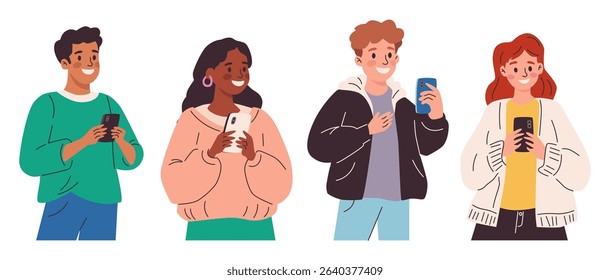 Collection of men and women using smartphones. Set of different peoples with mobile phone gadgets. Cartoon characters holding cellphone devices, chatting, typing, using internet. Vector illustration.