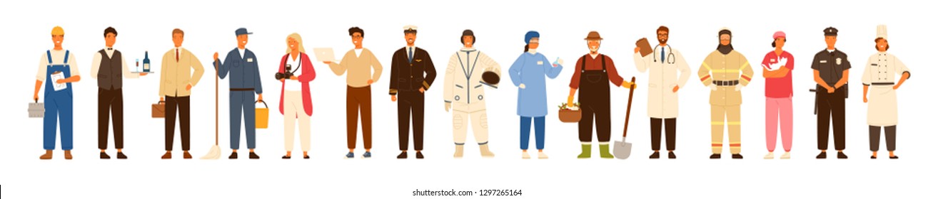 Collection of men and women of various occupations or profession wearing professional uniform - construction worker, farmer, physician, waiter, cleaner, astronaut. Flat cartoon vector illustration.