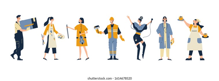 Collection of men and women of various occupations or profession wearing professional uniform - construction worker, physician, pastry chef, singer, musician, artist, builder. Flat cartoon vector .