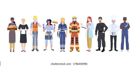 Collection of men and women of various occupations or profession wearing professional uniform: cook, fireman, salesman, maid, cleaner, builder, police officer, surgeon, ambulance nurse.