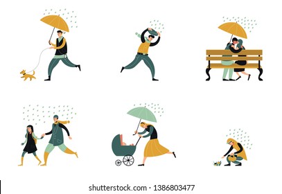 Collection men and women walking under or without umbrella in autumn rainy day. People under downpour. Dressed in seasonal clothes people isolated on white background. Flat cartoon vector illustration