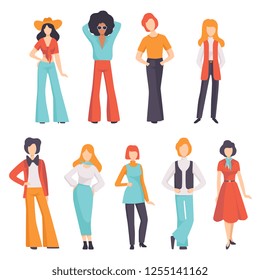 Collection of men and women wearing vintage clothing, retro fashion people from 70s vector Illustration