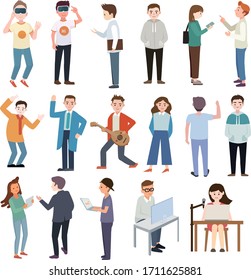 Collection of men and women working at home,talking,playing guitar,using VR glasses. Flat cartoon vector illustration.