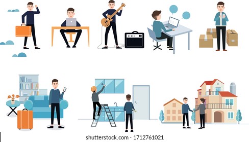 Colección de hombres trabajando en casa, tocando guitarra, discutiendo en línea, recibiendo entrega expresa, yendo de negocios, reparando cosas y comprando una casa. Ilustración vectorial.