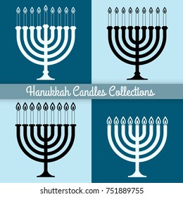 Collection of menorah for Hanukkah. Silhouette flat style menorah silhouette. Religion icons. Vector illustration.