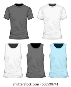 Collection of men's clothes. T-shirt and sleeveless shirt. Vector illustration.