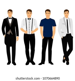 Collection. Men's Clothing. Classical. Casual. Wedding men's suit, tuxedo Vector illustration