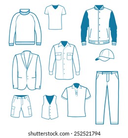 Collection of men's clothing in a linear style. Vector Illustration