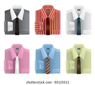 collection of mens folded shirts with ties isolated on white