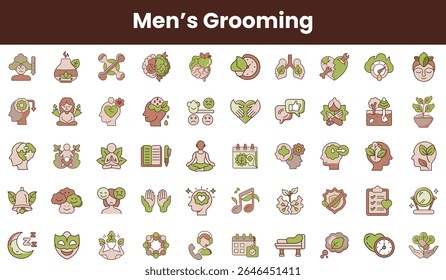 A collection of men's grooming icons, featuring elements of nature, wellness, and self-care, arranged in a vibrant, earthy color palette that promotes health and mindfulness.