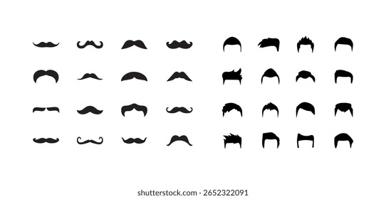 Coleção de penteados masculinos e conjunto de bigodes. Cabelo de homem e conjunto de vetor de bigode. conjunto de bigodes