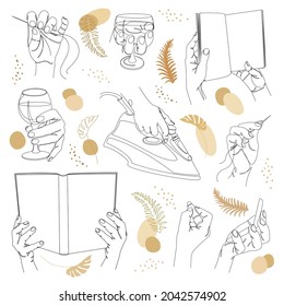 Collection. In men's hands there is a needle, a glass, a book, an iron, lipstick in a modern style in one continuous line and plant leaves. Decor sketches, stickers, logo. Set of vector illustrations.