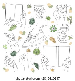 Collection. In men's hands there is a needle, a glass, a book, an iron, lipstick in a modern style in one continuous line and plant leaves. Decor sketches, stickers, logo. Set of vector illustrations.