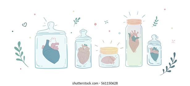 Collection of men's hearts in glass jars. The former relationship. Sad relationship Casanova. Illustration can be used in magazines, print on a T-shirt, cover.
