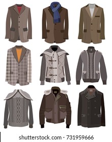 collection of men's jackets isolated on white background (vector illustration)