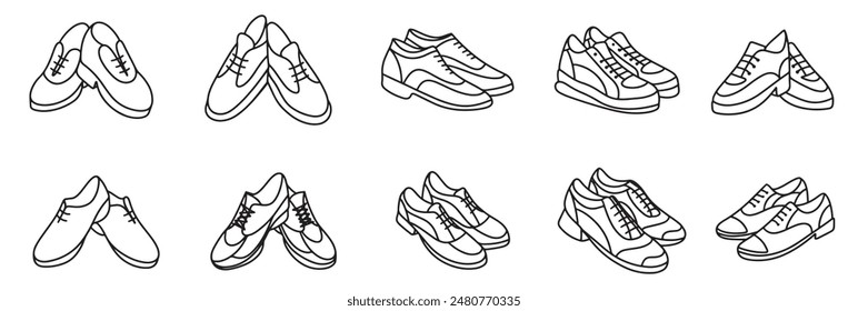 Colección de zapatos de hombre en estilo doodle. Arte vectorial de mano.