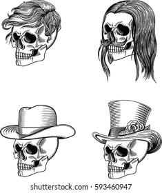 collection of men's skulls. Skull in a hat, and with hair. Style graphics in black and white colors. Gothic.