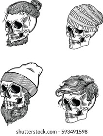 collection of men's skulls. Skull in a hat, and with hair. Style graphics in black and white colors. Gothic.