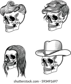 collection of men's skulls. Skull in a hat, and with hair. Style graphics in black and white colors. Gothic.