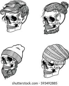 collection of men's skulls. Skull in a hat, and with hair. Style graphics in black and white colors. Gothic.