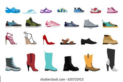 Collection Men's, Women's and children's footwear. Stylish and fashionable shoes, sandals and boots. Flat design vector illustration.