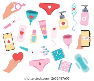 Coleção de símbolos de menstruação. Elementos da saúde da mulher. Ilustração vetorial.