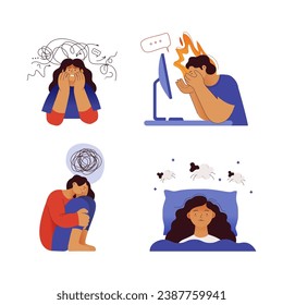 Collection of mental disorder cartoons. Anxiety, Emotional burnout syndrome, Depression, Insomnia. Modern flat vector illustration