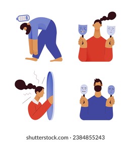 Collection of mental disorder cartoons. Apathy, Mood disorder, Inner monologue. Modern flat vector illustration