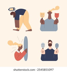 Collection of mental disorder cartoons. Apathy, Mood disorder, Inner monologue. Modern flat vector illustration