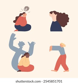 Collection of mental disorder cartoons. Self doubt, Bipolar disorder, Fear, Sleepwalking. Modern flat vector illustration