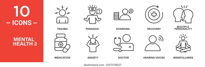 A collection of mental health icons including trauma, paranoia, recovery, medication, and mindfulness, designed for awareness, therapy, and medical contexts.