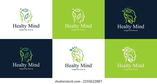 Collection of Mental health logo. Psychotherapy symbol concept. Human head with natural therapy mind graphic design vector illustration.