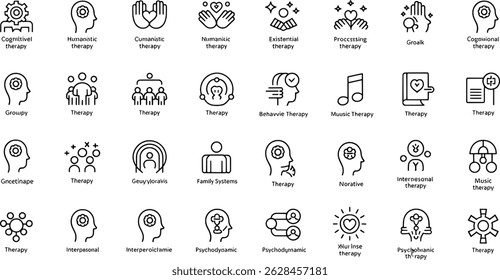 A collection of mental health therapy icons illustrating various therapeutic approaches in outline