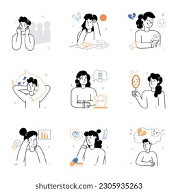 Sammlung von handgezeichneten Illustrationen von psychischen Erkrankungen 


